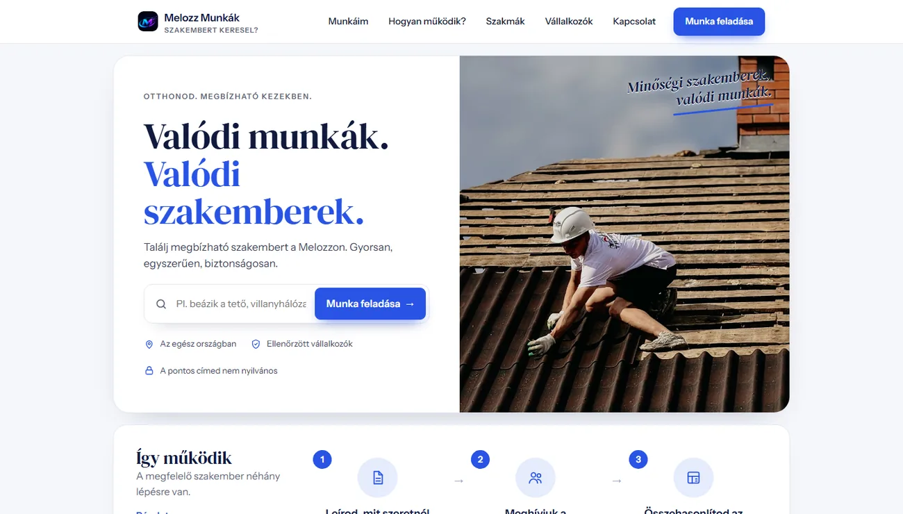 A Melozz Munkák nyitóoldala, ahol a megrendelők munkát adnak fel